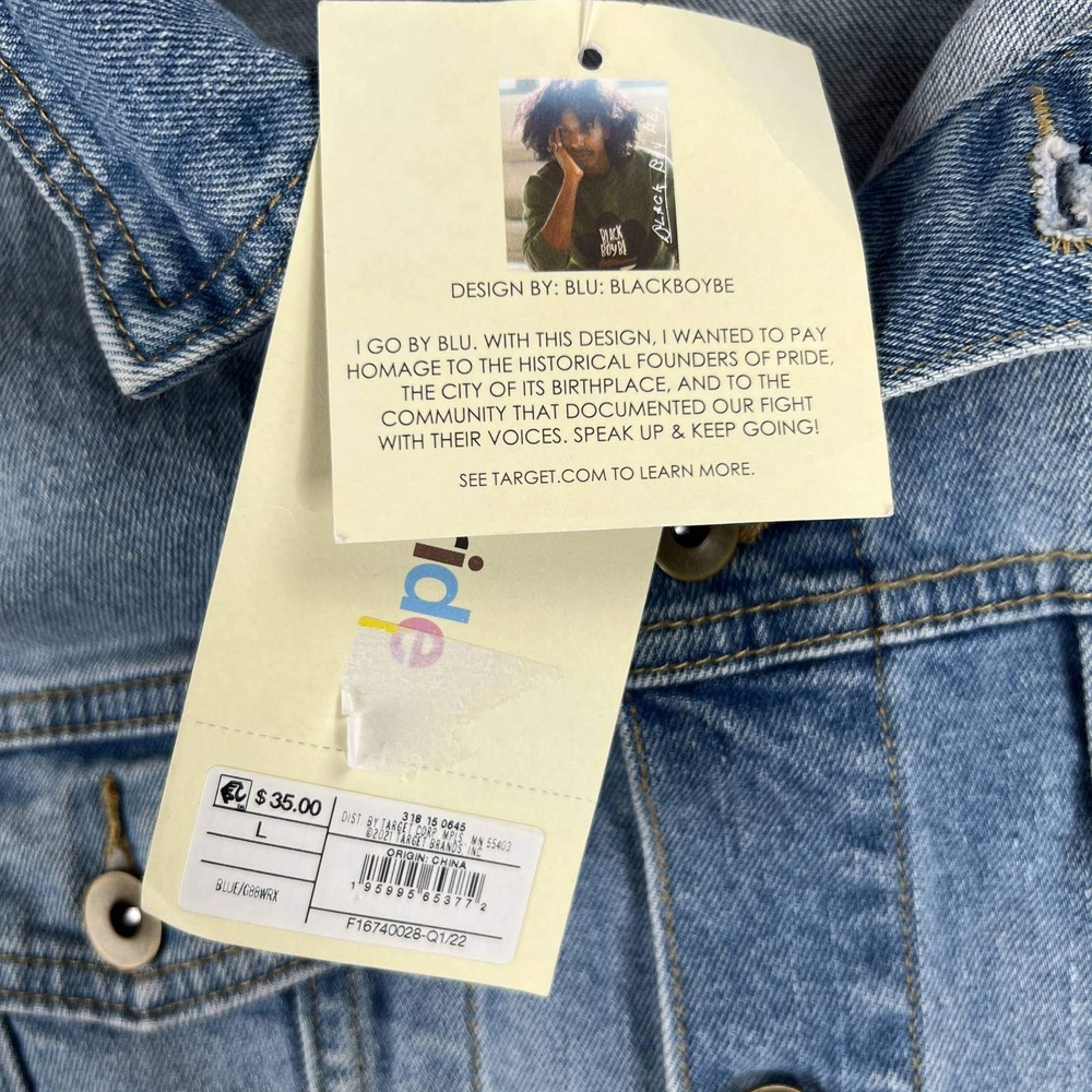 Target Pride Blu Stonewall 1969 Denim Trucker Jacket L Blue Womens NWT Rainbow - Picture 5 of 10